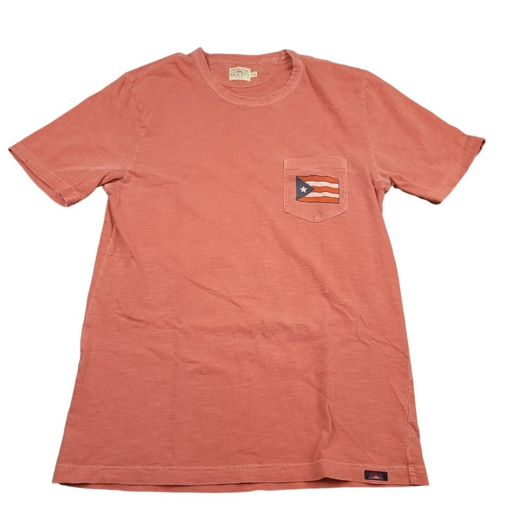 Faherty Mens S T-Shirt Puerto Rico‎ Flag Pocket Tee Red Luxury Soft Cotton